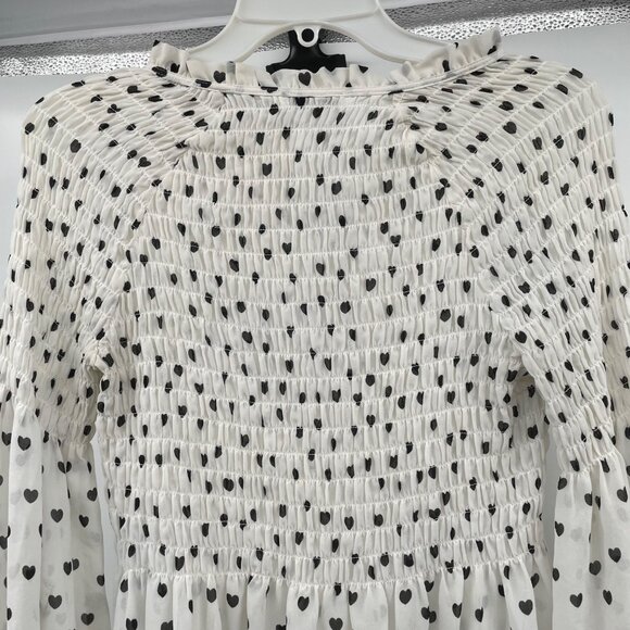 Rose + Olive Heart Print Blouse Long Sleeve Smocked Ivory/Black Size Small - Picture 6 of 8